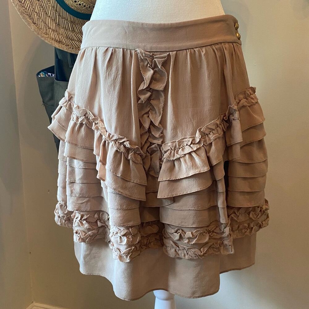 LEIFSDOITTIR Tiered Ruffle Mini Skirt Anthropologie Silk Lace Sz 4 Tan Coquette